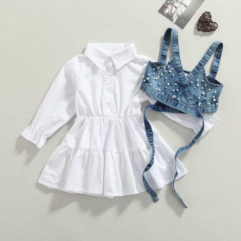 Baby Girl Clothes Long Sleeve Dress Denim Beading Vest 2Pcs Outfits