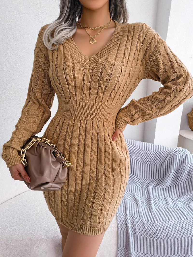 Sweater Dress Women Elastic Waist Long Sleeve Knitted Dress Autumn Winter Solid V Neck Mini Party Dress Knit Sweater Dress