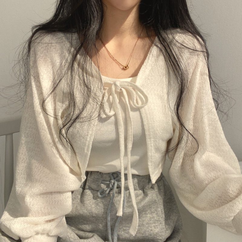 Women Thin White Cardigan Bandage Lantern Sleeve Short Coat Pull Femme Knitwear Top Girl Cardigan