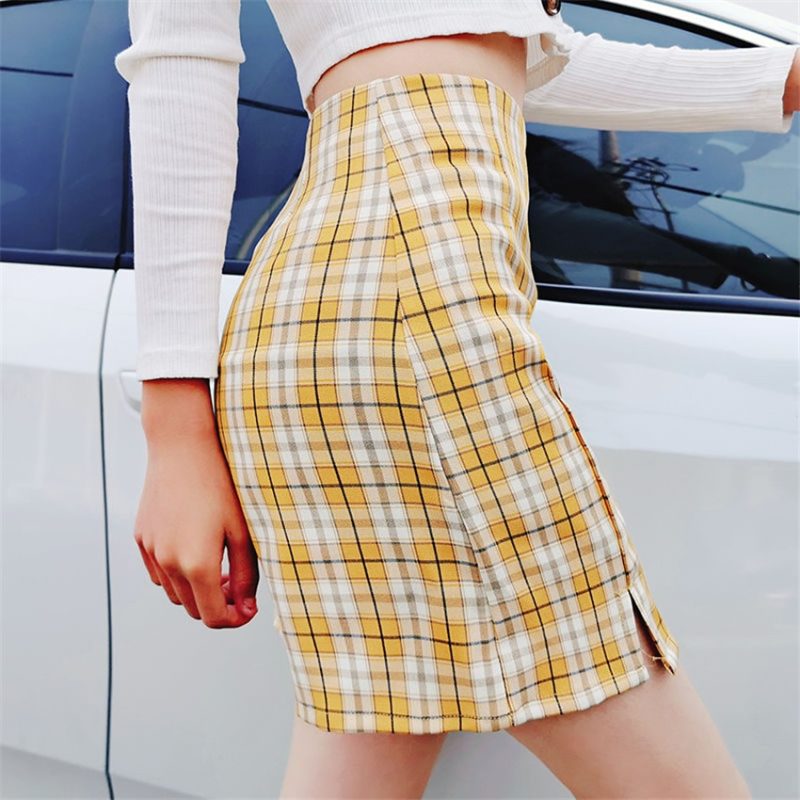 Women Vintage Plaid Side Split Bodycon Mini Skirt Summer Outfits