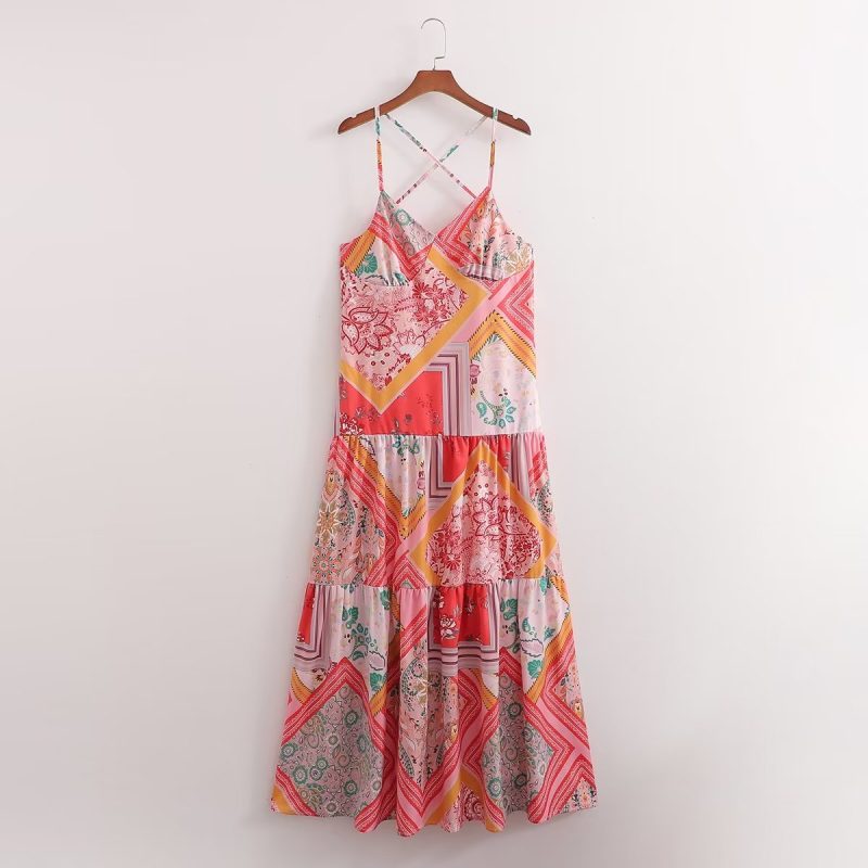 Women Summer Clothing Holiday Strap Floral Print Large Swing Dress