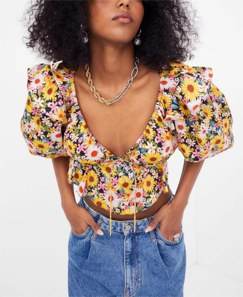 Early Spring French Printed Elegant Flower Sleeve Short Shirt