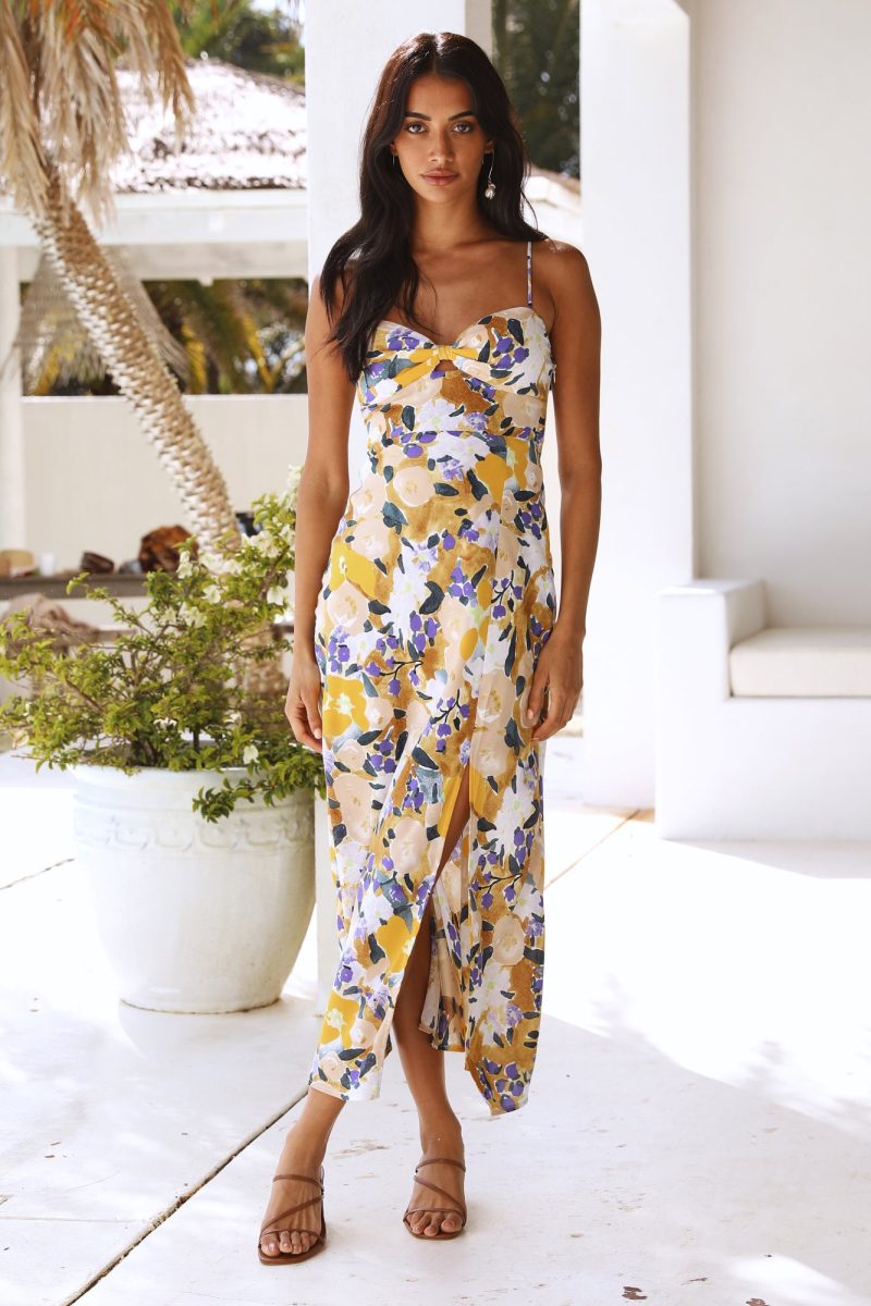 Women Summer Vacation Floral V Neck Cami Maxi High Split A Line Dress