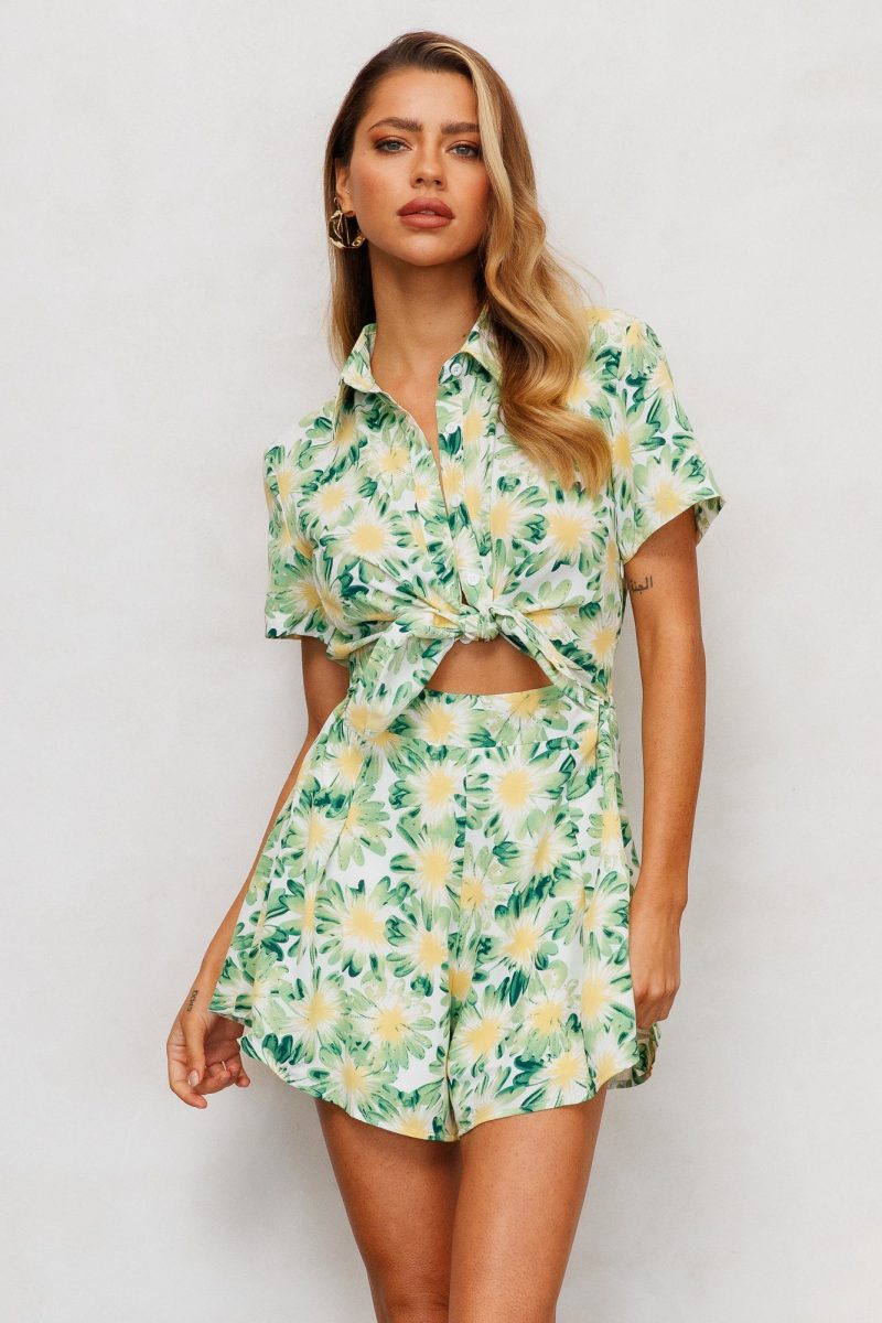 Women Summer Vacation Floral Short Sleeve Tie Rompers