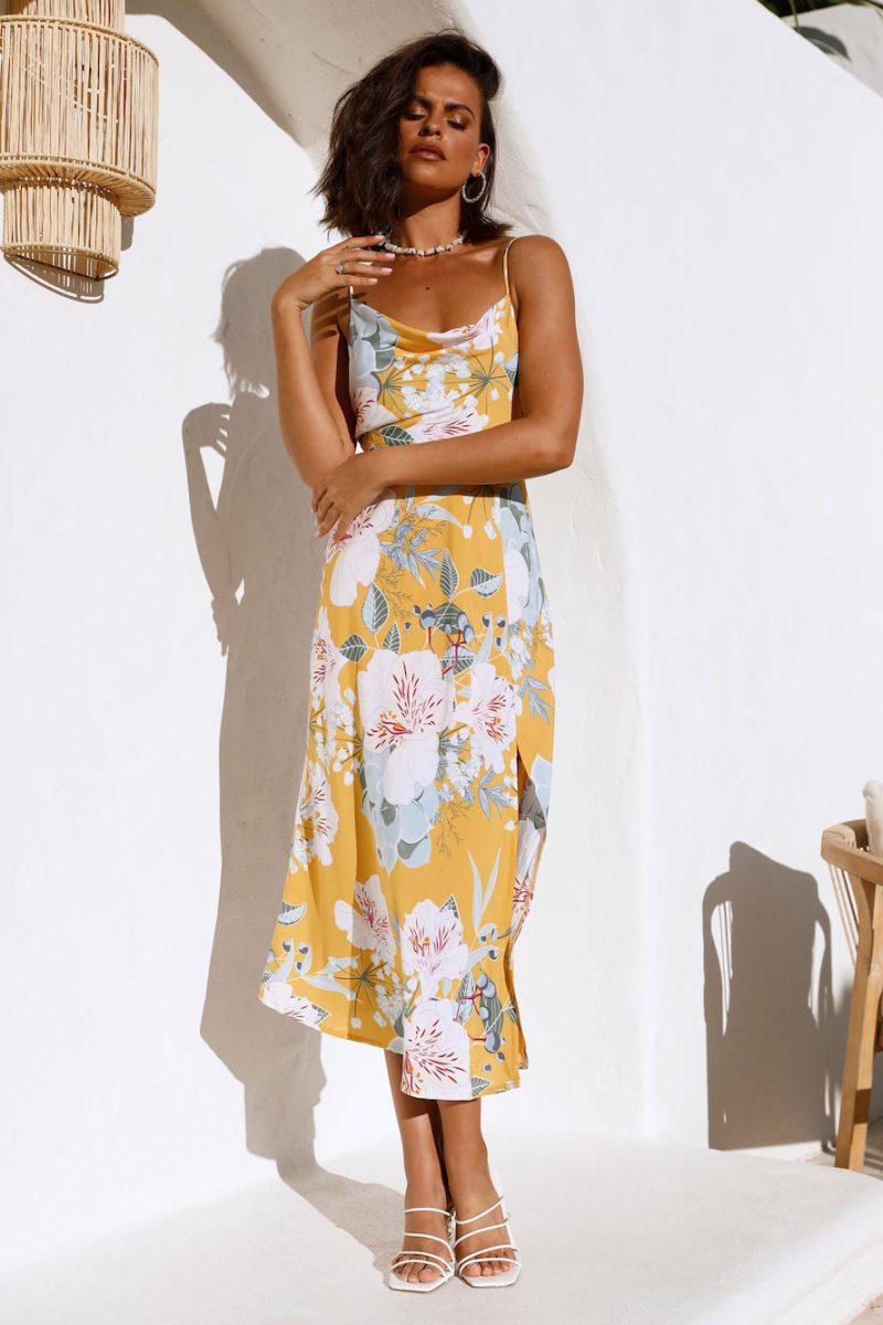 Women Summer Vacation Square Neck Sleeveless Floral High Split Cami Maxi Dress