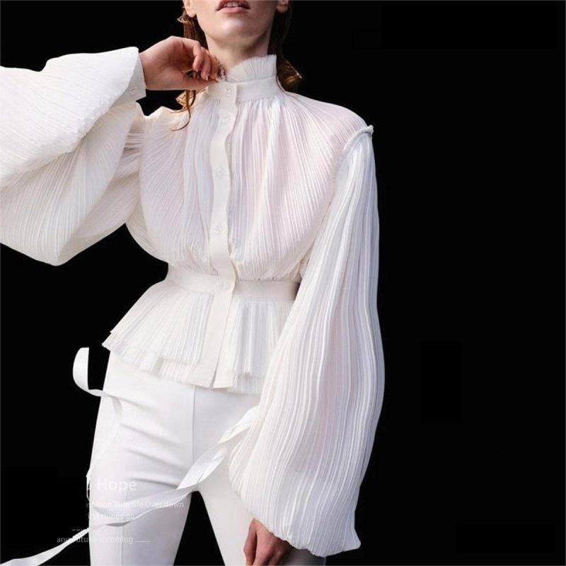 Autumn Winter Palace Retro Heavy Industry Pleated Lantern Sleeve Waist Trimming Shirt Shacket