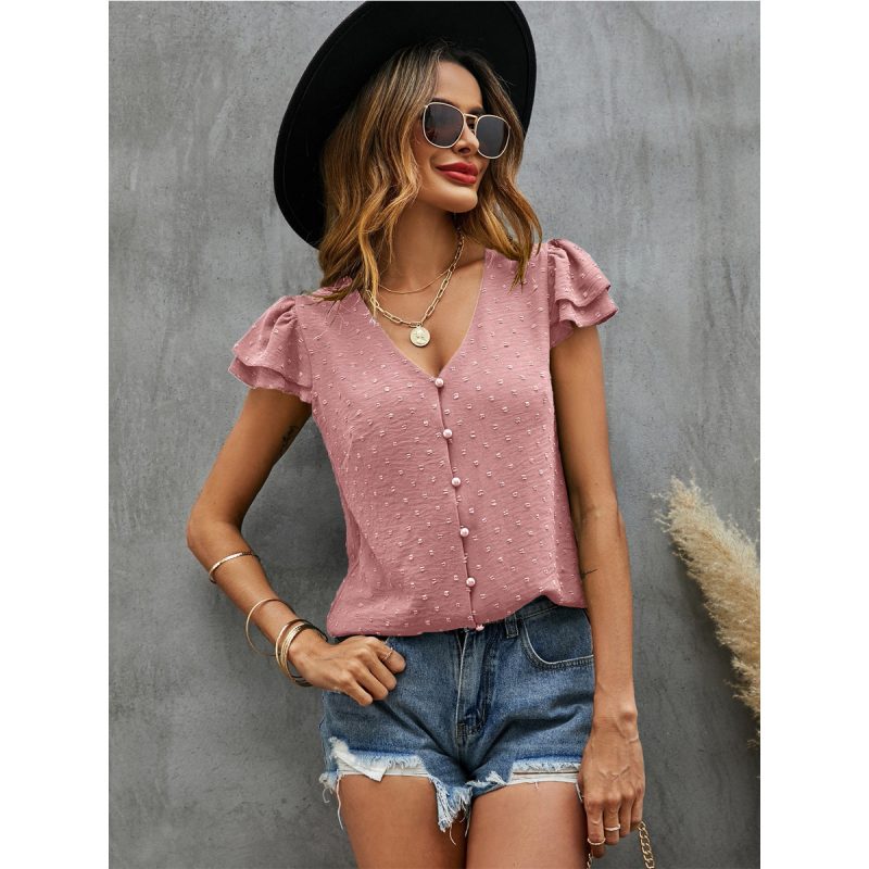 Casual Shirt Jacquard Button V Neck Short Sleeve Shirt