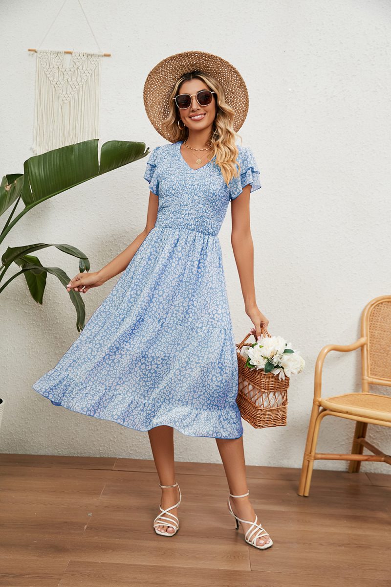 Summer V neck Pleated Printed Chiffon Patchwork Waist Slimming Dress Women