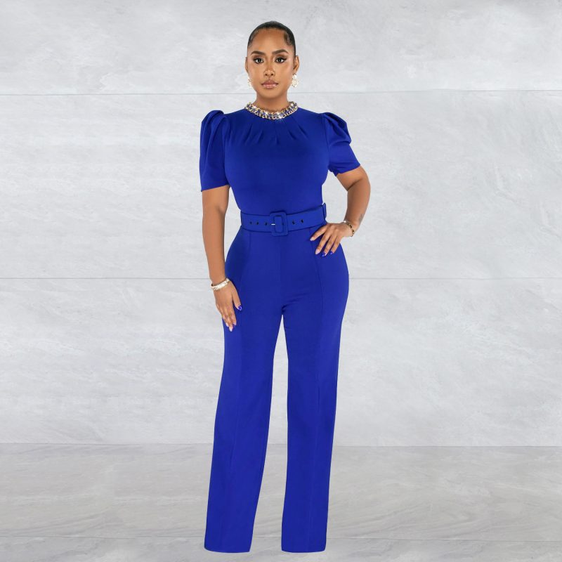 Women  Wear Solid Color Belt Chain Short Sleeve Trousers Jumpsuit