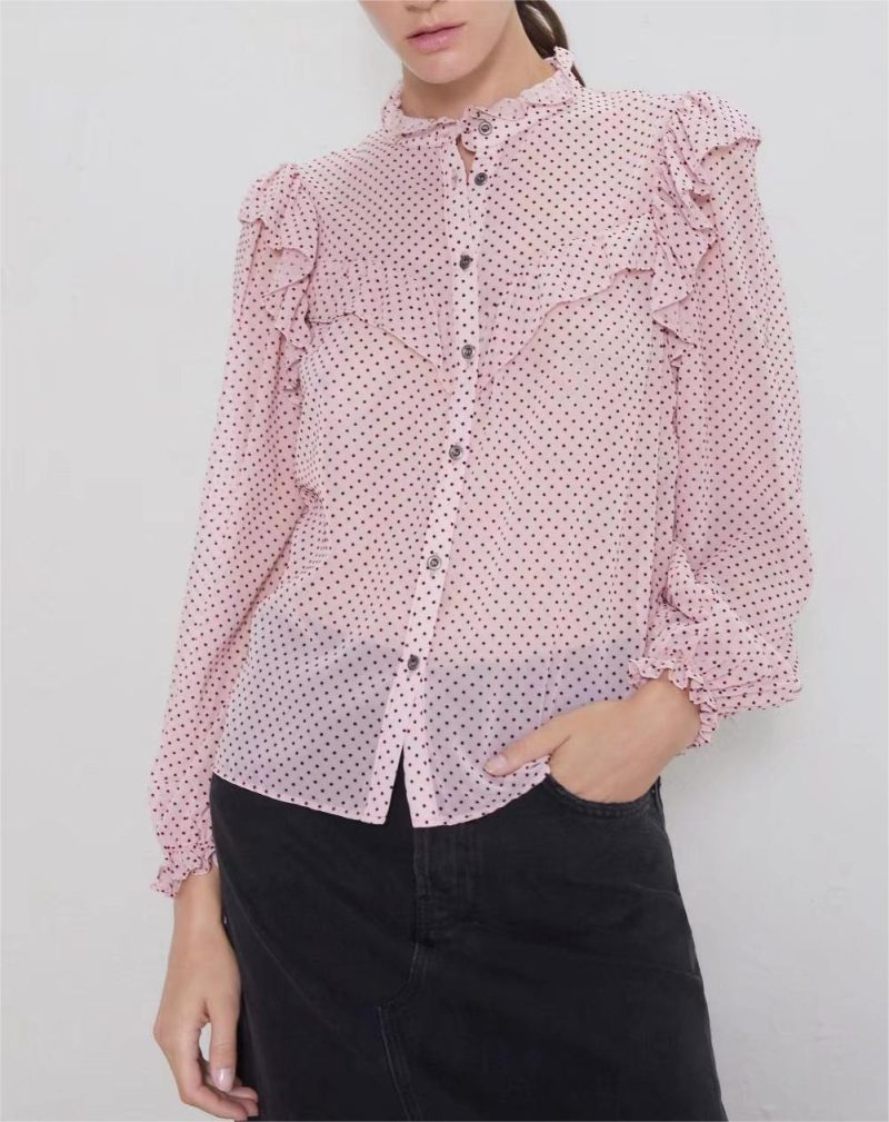 Fall Women Clothing Laminated Decoration Polka Dot Shirt