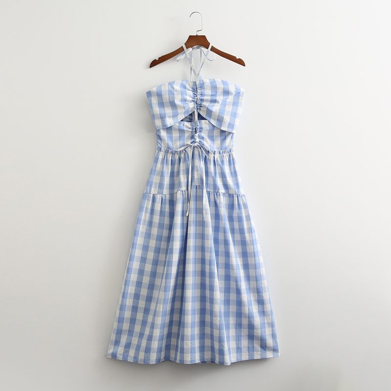 Plaid Women Clothing Spring Summer Drawstring Sexy Hollow-out Backless Halterneck Suspenders Dress