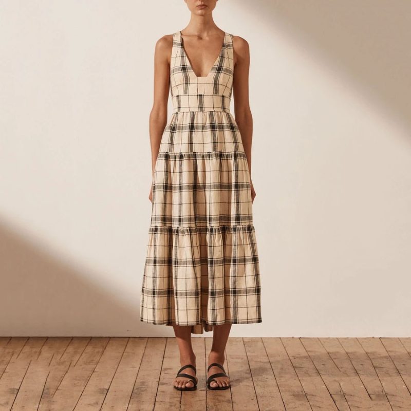 Women Spring Summer Printed Checks Backless Strap A- line Dress