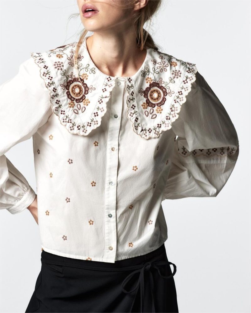 Fall Women Clothing Retro Peter Pan Collar Embroidered Poplin Shirt