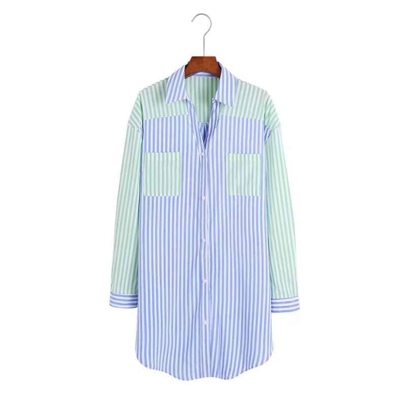 Autumn Women Clothing Collared Long Sleeve Color Matching Striped Loose Shirt