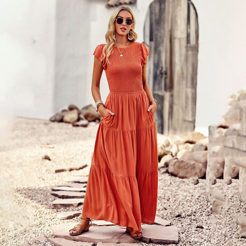 Solid Color Dress Summer Elegant round Neck Overknee Dress