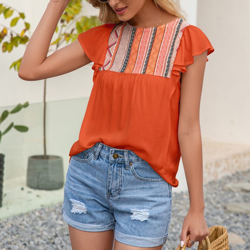 Women National round Neck Loose Ruffled Short Sleeve Top Women