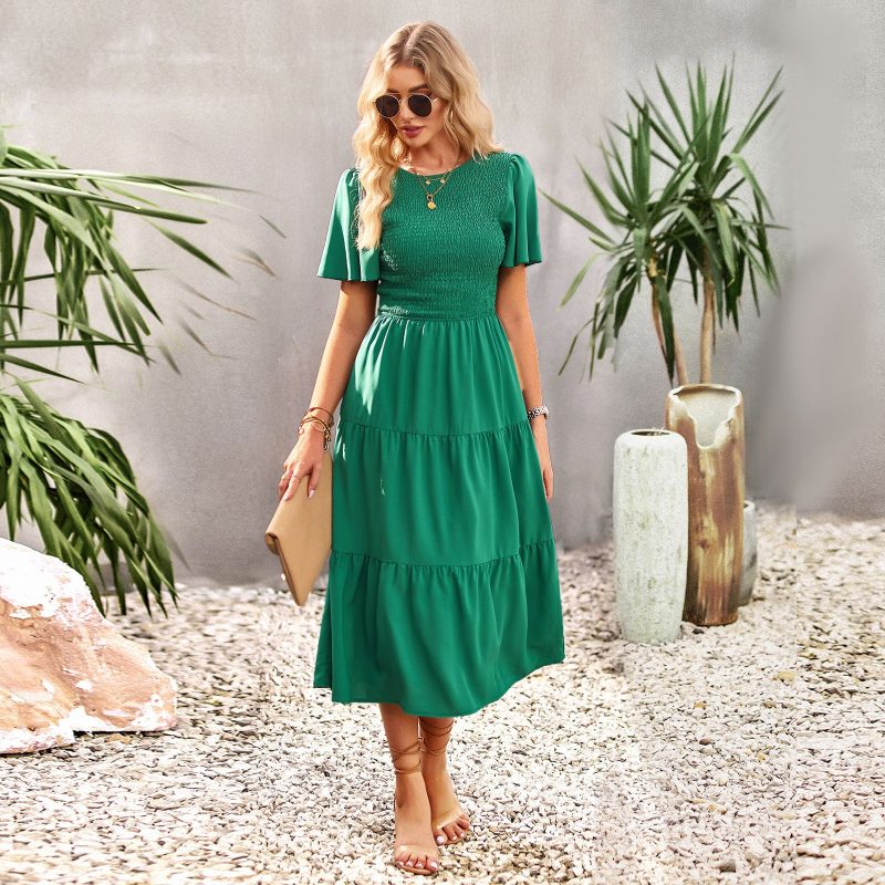 Waist Tight Slimming Large Hem Dress Spring Summer round Neck Smocking Vacation Dress