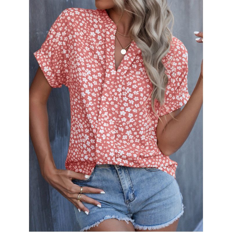 Casual Shirt Pleated V Neck Short Sleeve Small Floral Shirt