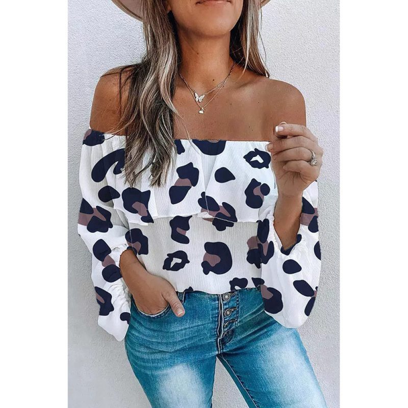 Leopard Print off Shoulder Collar Long Sleeve Shirt Sexy Ruffles Chiffon Shirt