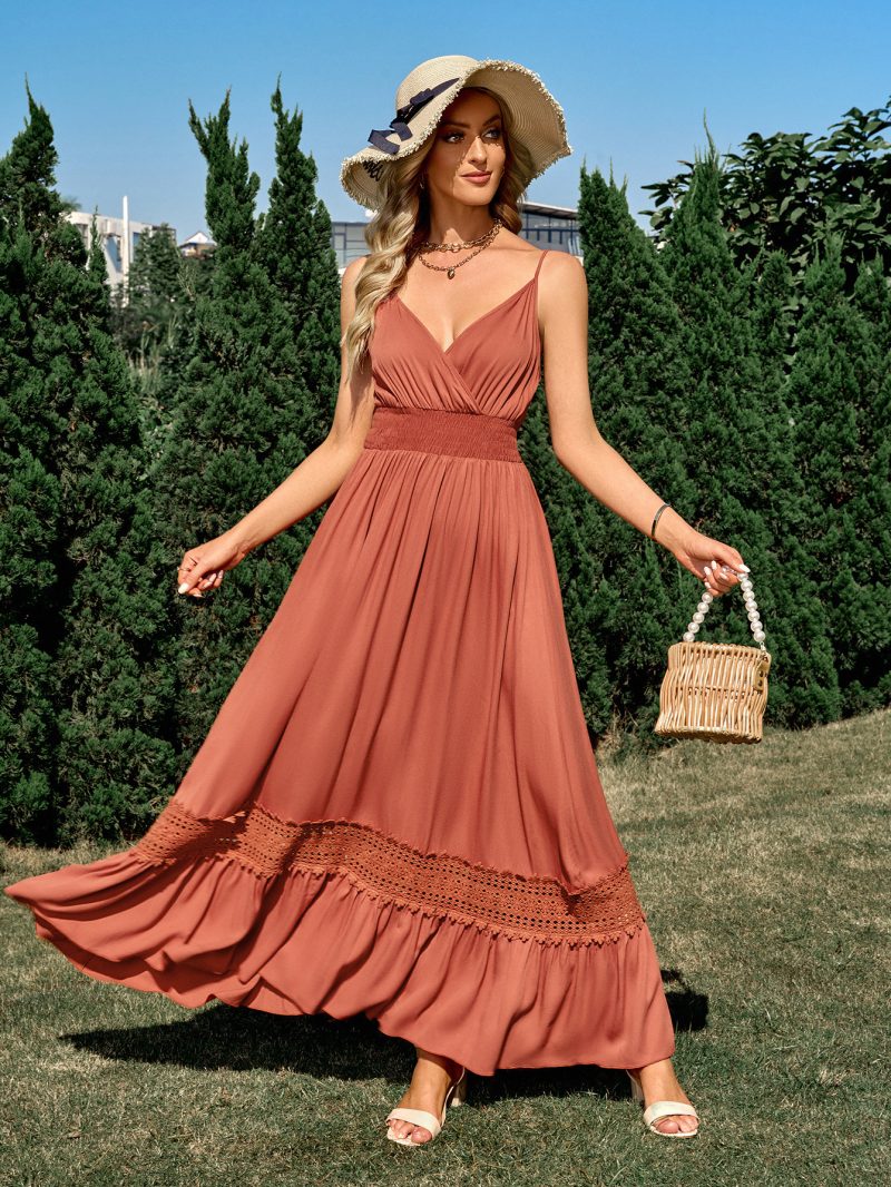 Summer Women Clothes Casual Solid Color Waist Tight V neck Strap Maxi Dress Women