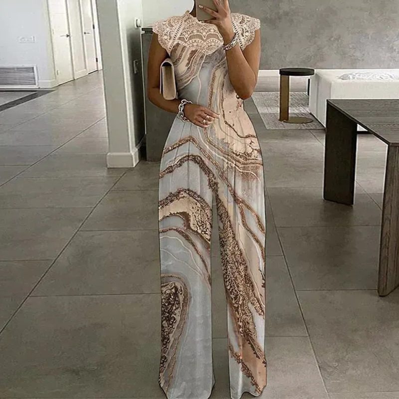 Women Clothing Printed Lace Stitching Sleeveless round Neck Loose Casual Jumpsuit Trousers