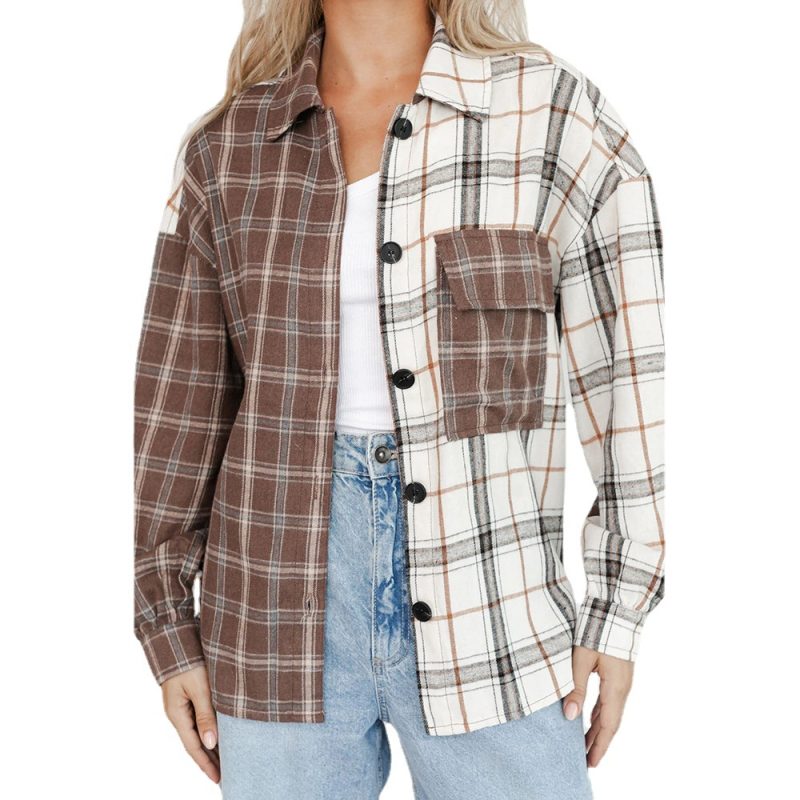 Brown Mixed Plaid Soft Large Profile Shirt Women Loose Shirt