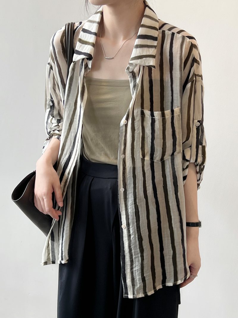 Breathable Stripes Shirt for Women Summer Loose Stylish Long Sleeves Cardigan Shirt