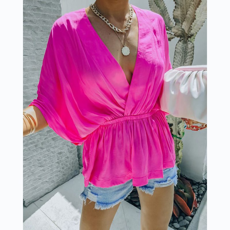 Spring Summer Rayon V-neck Elastic Waist Casual Short Sleeve Shirt