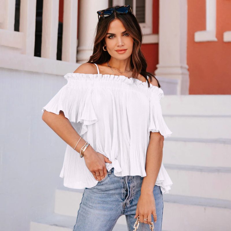 Pleated off Shoulder Wrapped Chest Strap Top with Lining