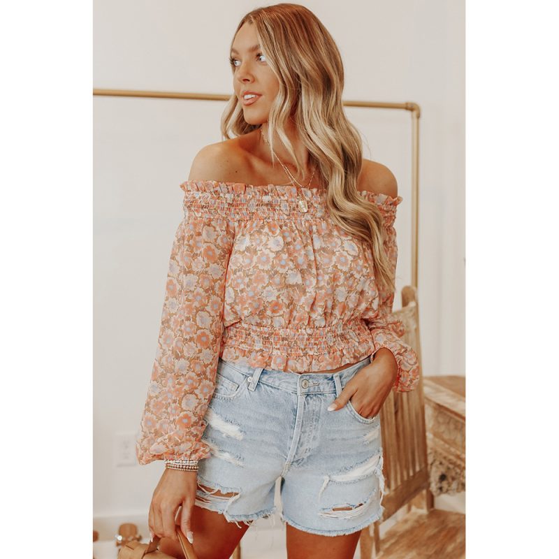 Sexy off-Shoulder off-Shoulder Long-Sleeved Top Women Spring Autumn Waist-Tight Floral T-shirt