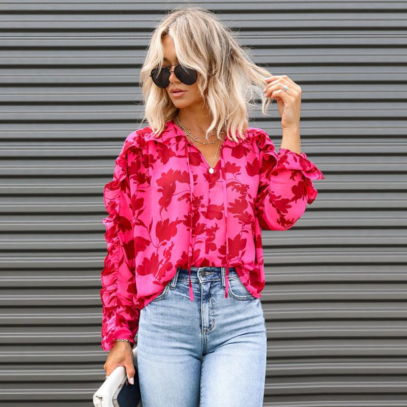 Rose Pleated Printed Shirt Autumn Loose V neck Chiffon Shirt Top