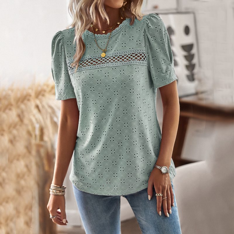 Round Neck Patchwork Top Spring Summer Casual T shirt