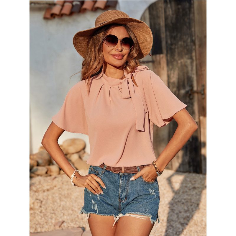 Women Shirt Solid Color Tied Ruffle Sleeve Shirt