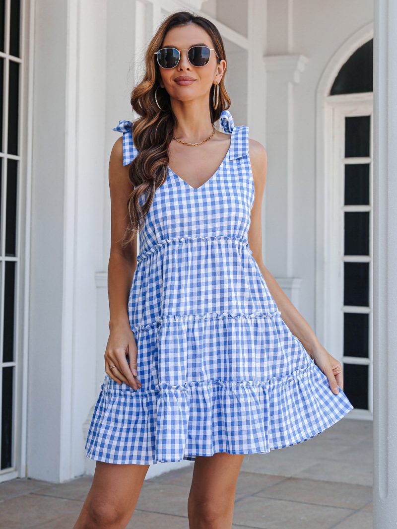 Women Spring Summer Casual Plaid Drawstring V-neck Ruffled Large Swing Dress Tiered Dress