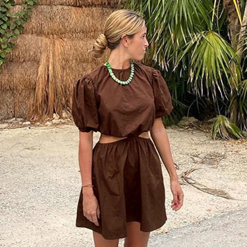 Summer French Casual Women Clothing Hollow Out Cutout Design Lantern Sleeve Dress A- line Dress