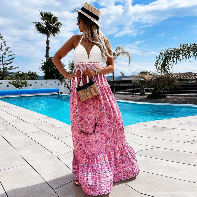 Spring Summer Sexy Floral  Women Crochet Bra Halter Maxi Dress