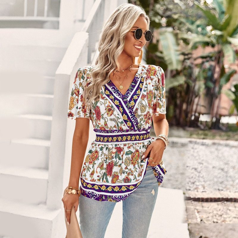 Vintage Printed Shirt Women Summer V Neck Short Sleeve Top