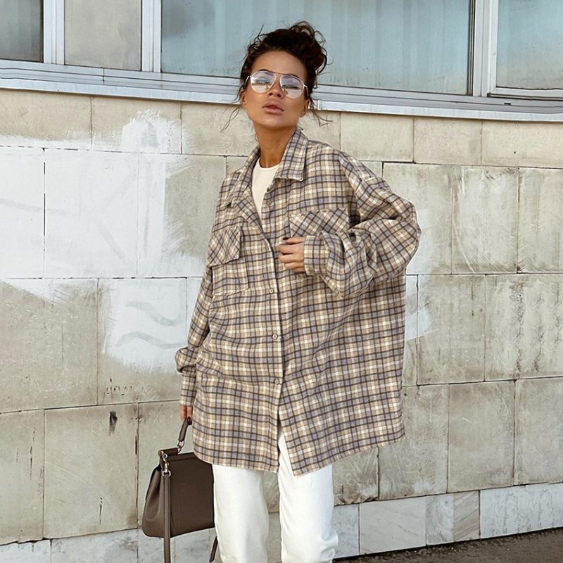 Spring Retro Khaki Plaid Shirt Women  Office Oversize Long Sleeve Inner Wear Shirt Top