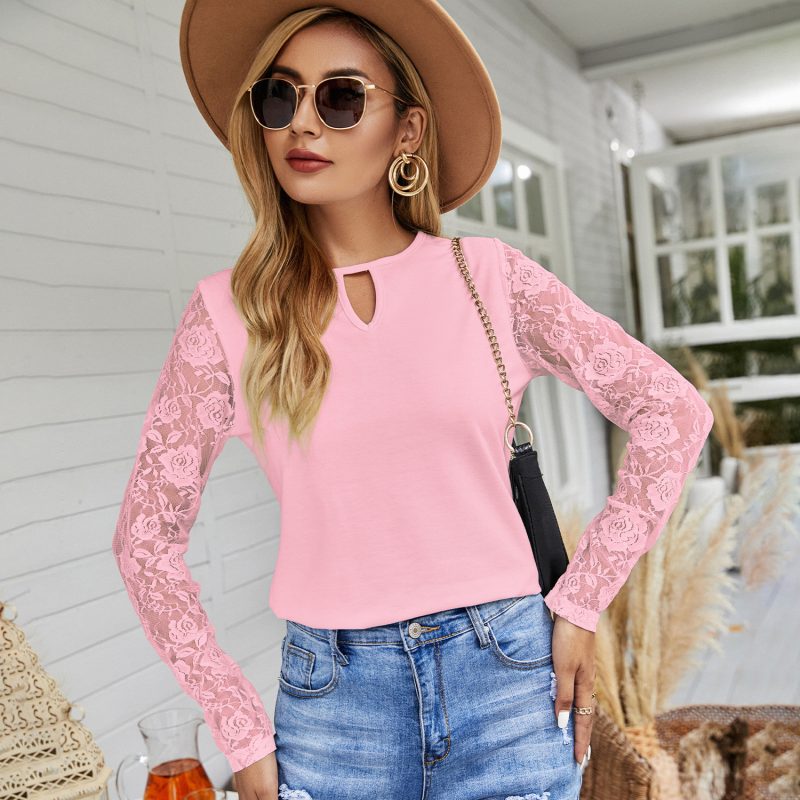 Autumn Winter Lace Stitching Coat Multi Color Knitwear for Women Thin Slimming Long Sleeve T shirt