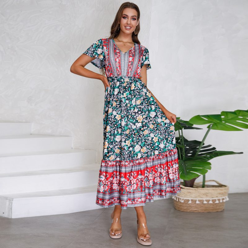 Women Clothing Summer V neck Ruffle Sleeve Floral Print Maxi Dress