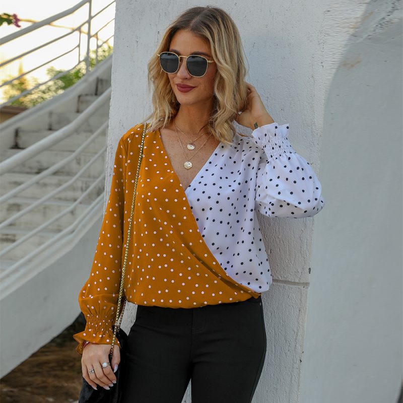 Spring Women Clothes Polka Dot Print Casual Loose V neck Women Top T shirt