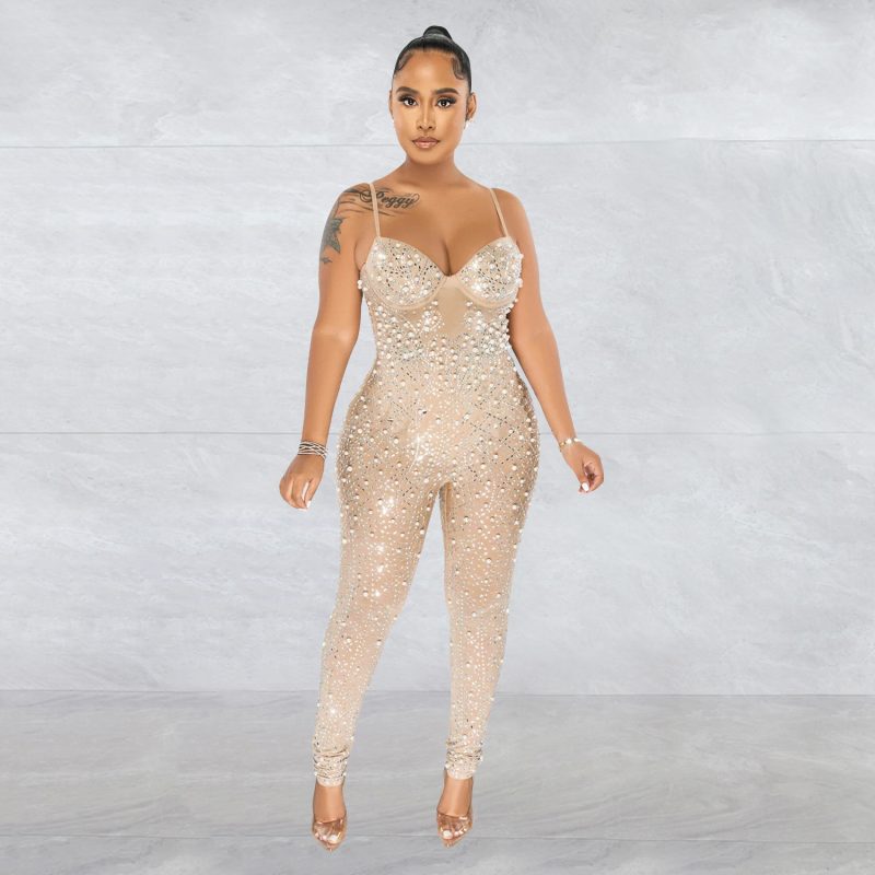 Women Wear Solid Color Mesh Rhinestone Sleeveless Trousers Jumpsuit