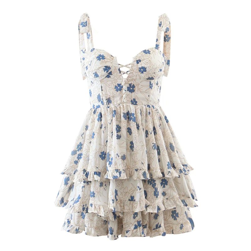 Sundress Seaside Vacation Printed Tied Spaghetti-Strap Wooden Ear Tiered Layered Dress for Women