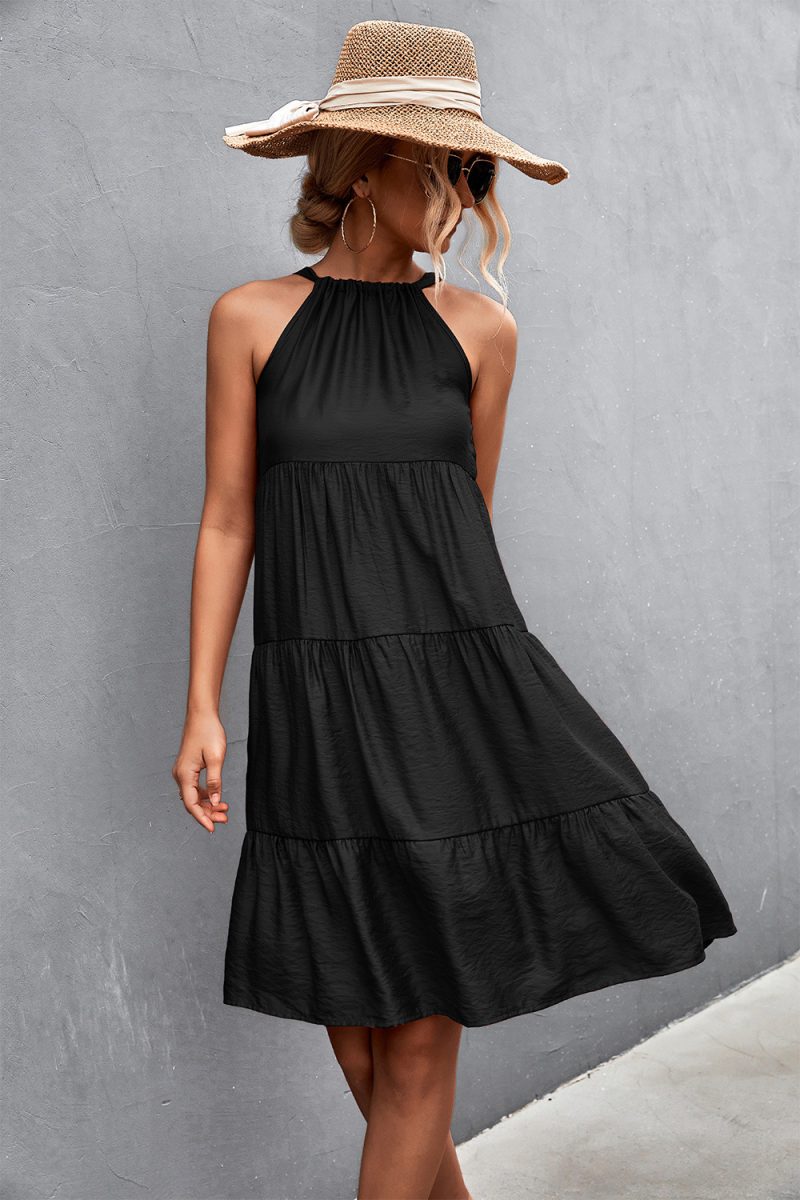 Spring Summer Halter Strap Gathers Stitching Dress for Women