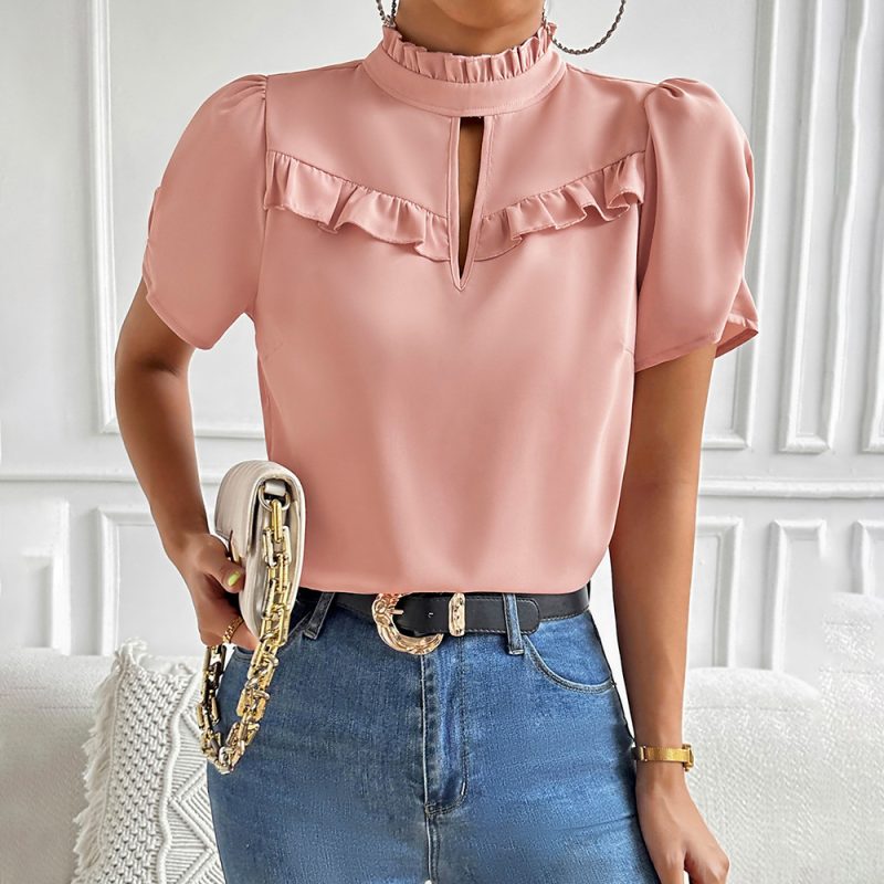 Solid Color Shirt Women Summer Elegant Short Sleeve Top