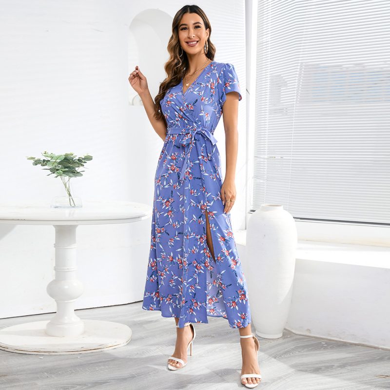 Sexy Bohemian V neck Floral Slit  Summer Women Clothing Chiffon Dress