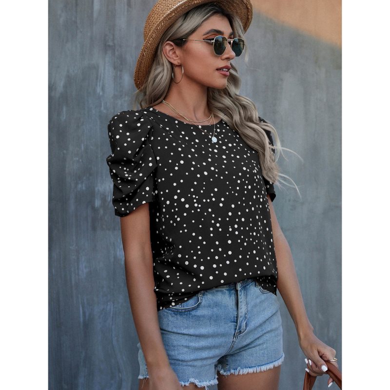 Casual Shirt Polka Dot Design Round Neck Puff Sleeve Shirt