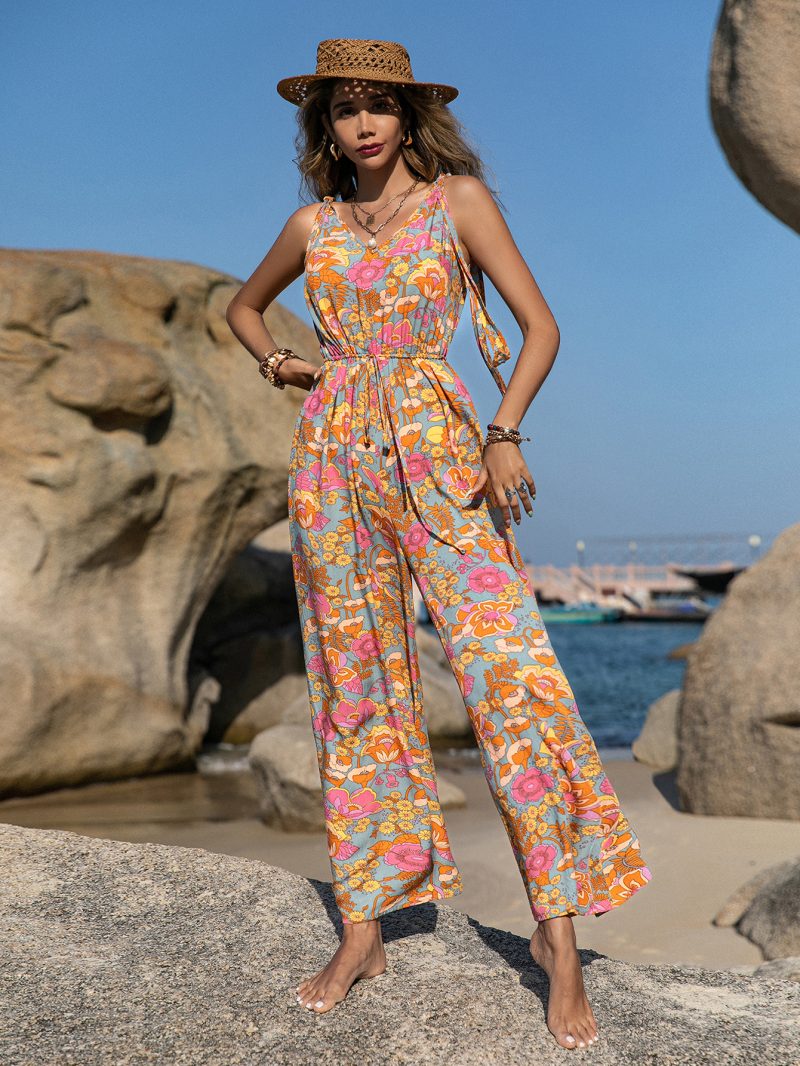 Mixed Bohemian Spaghetti-Strap Floral Print Jumpsuit Backless Jumpsuit