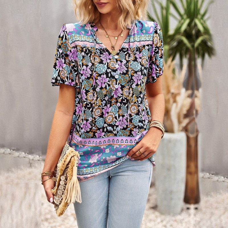 Bohemian Casual Shirt Spring Summer Girly Elegant Women Printed Wear