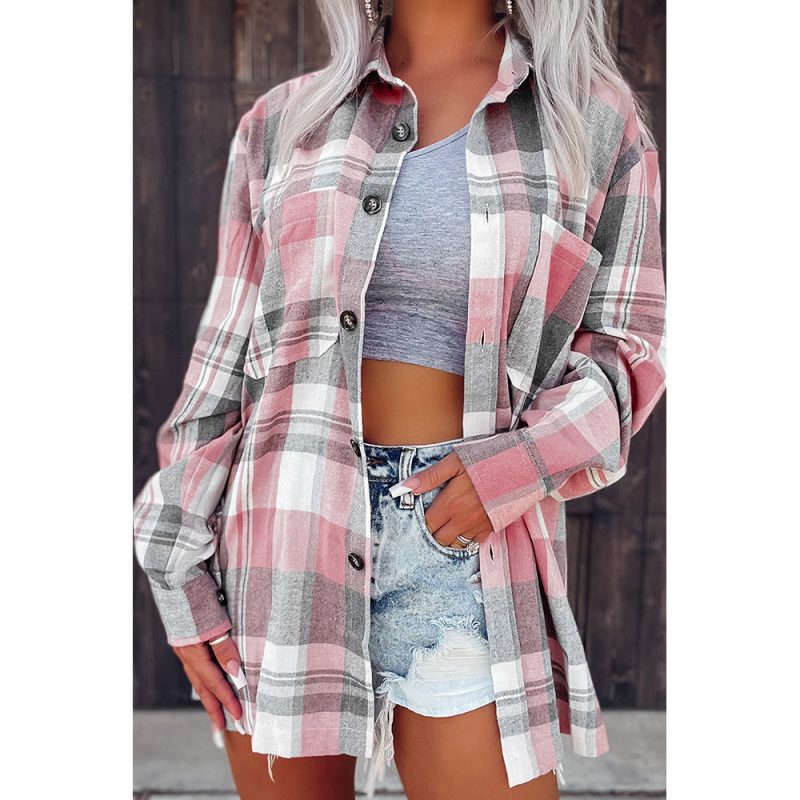 Pink Plaid Button Pocket Shirt Women Collared Long Sleeve Shirt